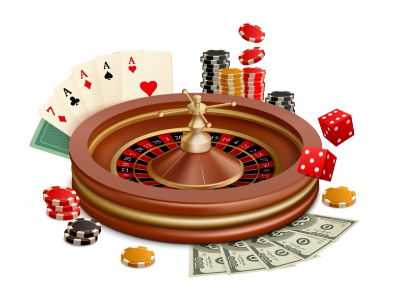 Casino games including roulette wheel, playing cards, poker chips, and dice